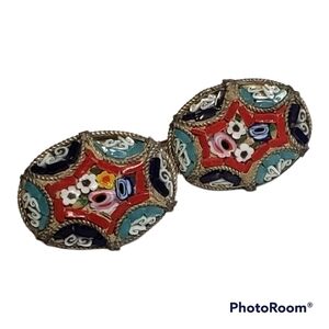 ANTIQUE Micro Mosaic Millefiori Screw Back Earring Marked Floral Italian